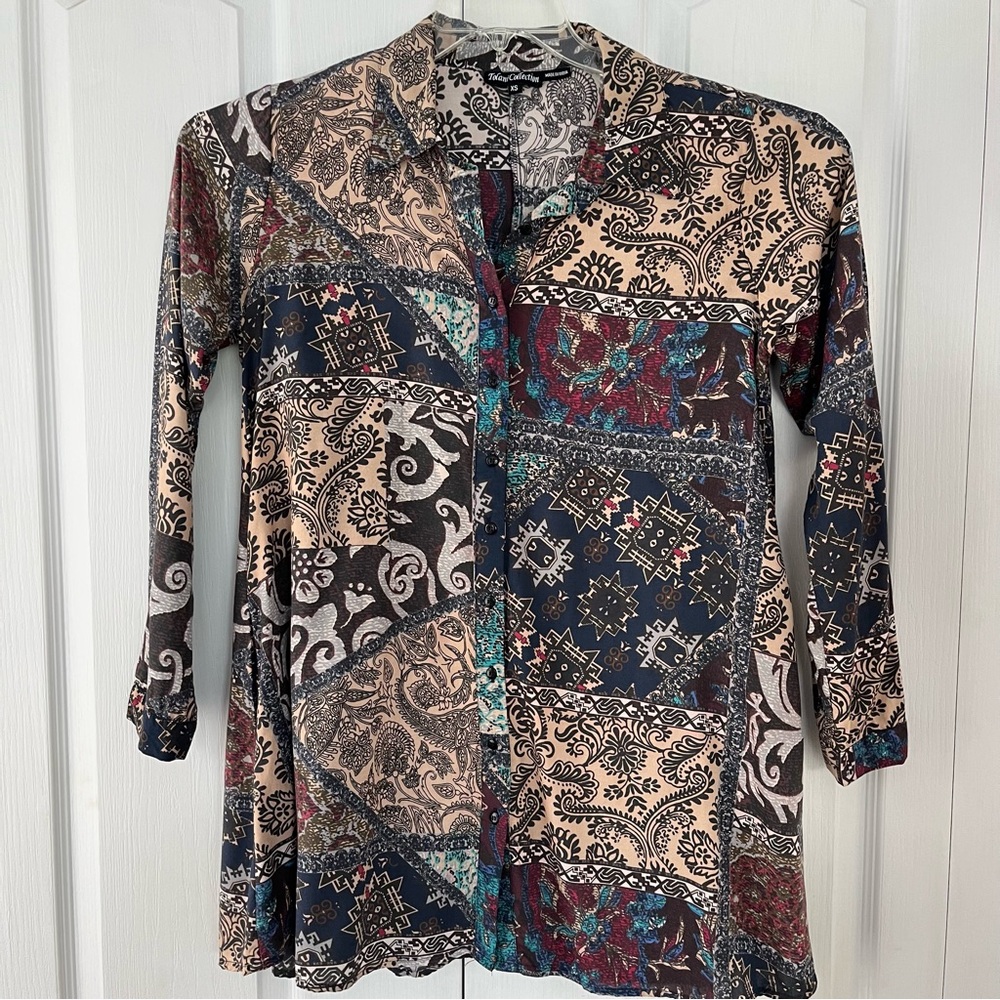 Tolani Collection Colorful Boho Modal Top XS Flowy Long Sleeve Tunic